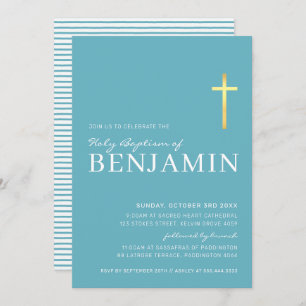 Invitación MODERNO CRUZ oro sagrado bautismo mínimo aqua azul