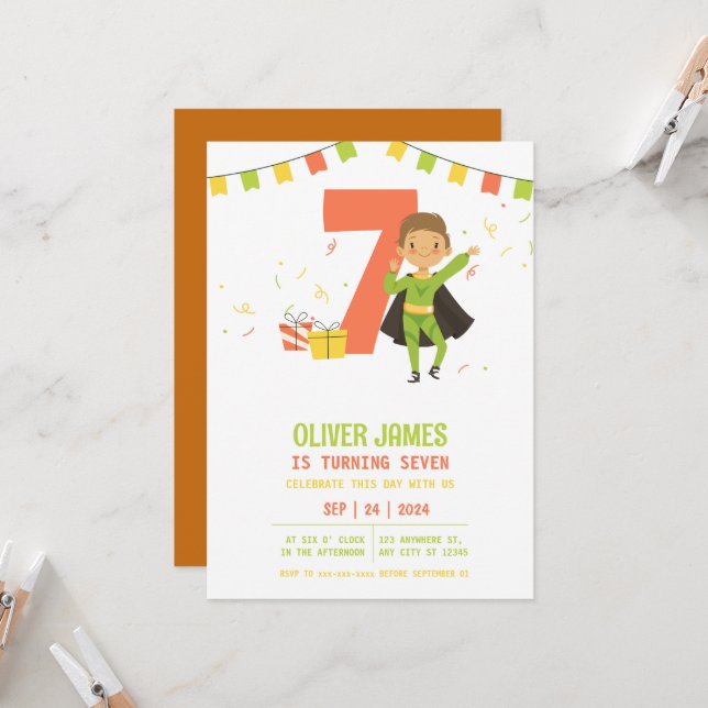 Invitación Moderno, cualquier edad cumpleaños de Superhéroe b (Anverso/Reverso In Situ)