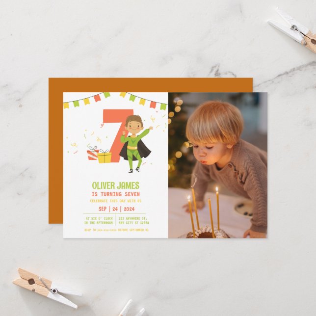 Invitación Moderno, cualquier edad Superhéroe niño foto cumpl (Anverso/Reverso In Situ)