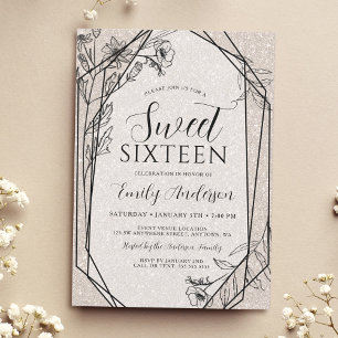 Invitación Moderno Cumpleaños 16 Brillante Floral Champán