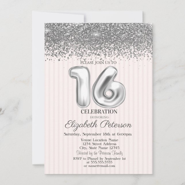 Invitación Moderno Cumpleaños 16 con Diamantes Plateados a Ra (Anverso)