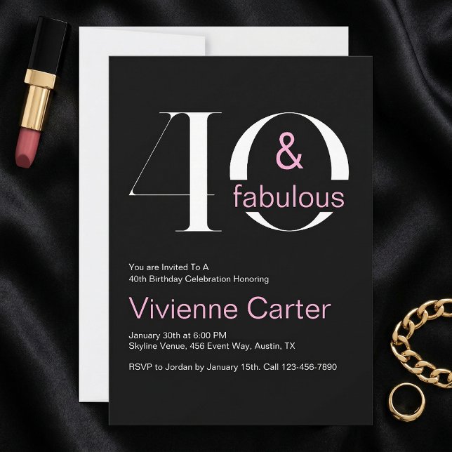Invitación Moderno Cumpleaños 40 y Fabuloso Rosa (Modern 40 and Fabulous Pink 40th Birthday Party Invitation)