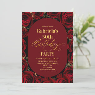 Invitación Moderno Cumpleaños 50 Elegante Burgundy Dorado Flo