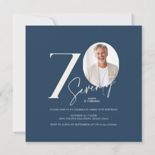Invitación Moderno Cumpleaños 70 Foto Minimalista Hito Azul