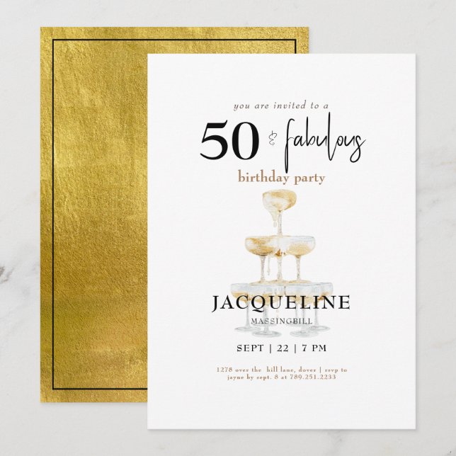 Invitación Moderno Cumpleaños de Champán 50 & Fabuloso III (Anverso / Reverso)