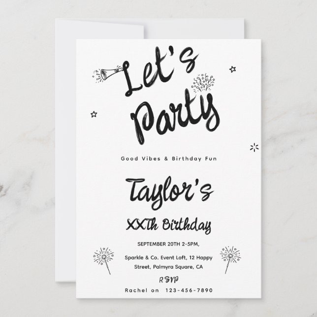 Invitación Moderno Cumpleaños de Fiesta de Dibujo a Mano en B (Anverso)