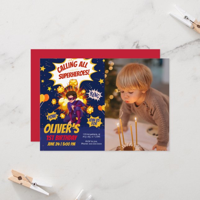 Invitación Moderno, cumpleaños de foto de niño superhéroe (Anverso/Reverso In Situ)