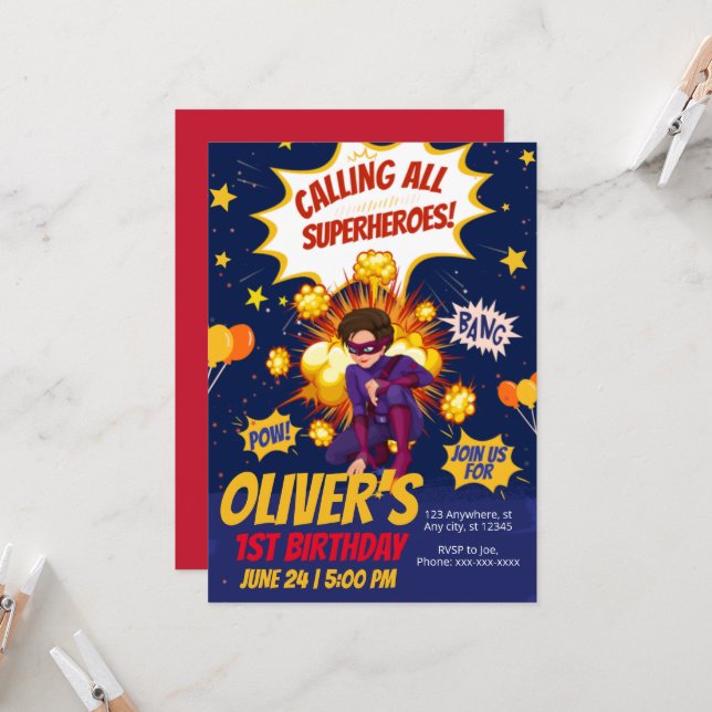 Invitación Moderno, cumpleaños de niños superhéroes (Anverso/Reverso In Situ)