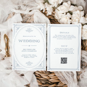 Invitación Moderno Deco Blanco Dusty Blue All en un Boda
