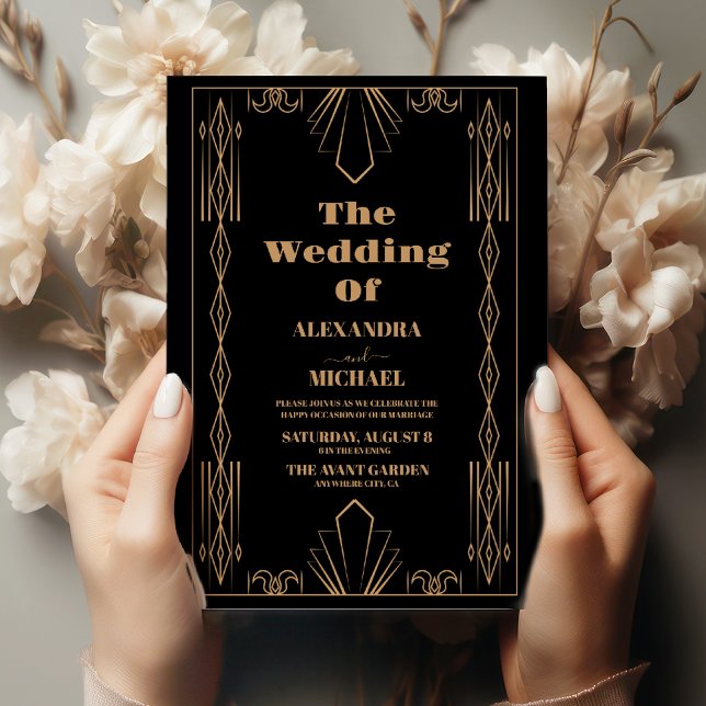 Invitación Moderno Deco Elegante Boda Negra y Oro (Subido por el creador)