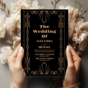 Invitación Moderno Deco Elegante Boda Negra y Oro