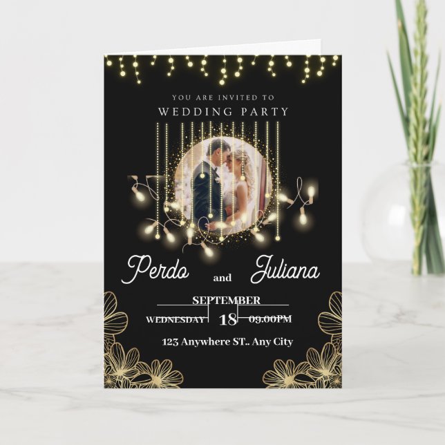 Invitación Moderno Deco Elegante Invitat negro y Boda dorado (Anverso)