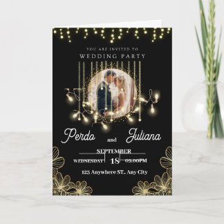 Invitación Moderno Deco Elegante Invitat negro y Boda dorado