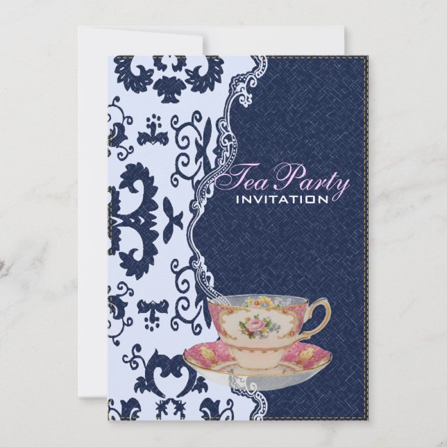 Invitación moderno denim encaje floral país Tea Fiesta (Anverso)