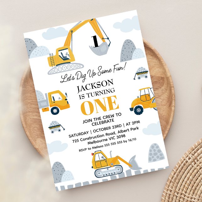 Invitación Moderno desenterrar algunas construcciones diverti (Construction 1st Birthday Invitation Boy, Let's Dig Up Some Fun, Excavators Construction Party)