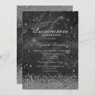 Invitación Moderno Diamantes de Oro Estrellas Gris Quinceañer
