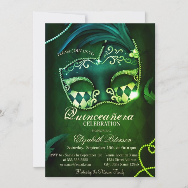 Invitación Moderno Diamantes de Oro Masquerade Quinceañera Ve (Anverso)