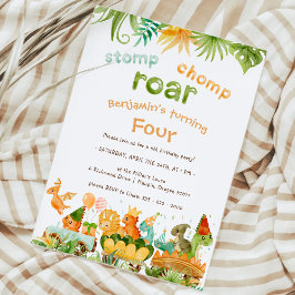 Invitación Moderno Dinosaurio Stomp Chomp Roar 4º cumpleaños