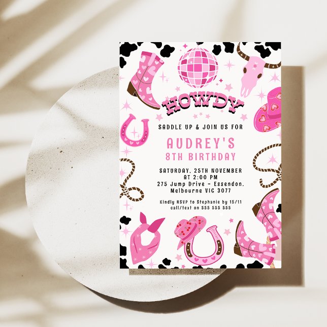 Invitación Moderno Disco Disco Hot Pink Ball Western Rodeo Cu (Hot Pink Disco Cowgirl Birthday Invitation Pink Cowgirl Rodeo Disco Ball Western Cowgirl Any Age)