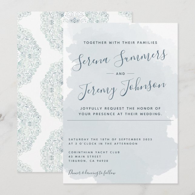 Invitación Moderno Dusty Blue acuarela Wash Beach Wedding (Anverso / Reverso)