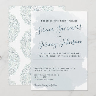Invitación Moderno Dusty Blue acuarela Wash Beach Wedding