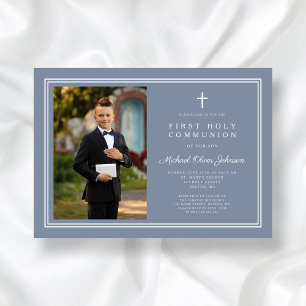 Invitación Moderno Dusty Blue Cross Photo Boy Primera Comunió
