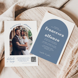 Invitación Moderno Dusty Blue Details RSVP QR Photo Boda
