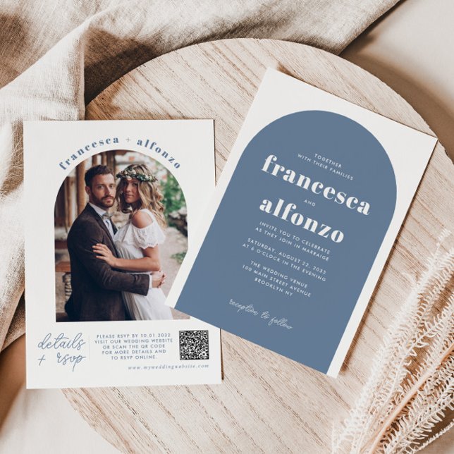 Invitación Moderno Dusty Blue Details RSVP QR Photo Boda (Subido por el creador)