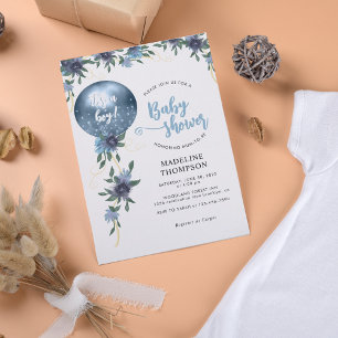 Invitación Moderno Dusty Blue Floral Balloon Boy Baby Shower
