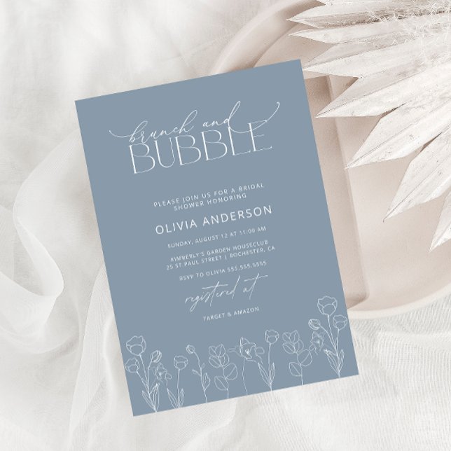 Invitación Moderno Dusty Blue Floral Brunch & Bubbly Shower (Subido por el creador)