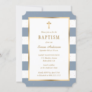 Invitación Moderno Dusty Blue Gold Cross Stars Boy Baptism