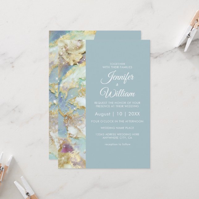 Invitación Moderno Dusty Blue Gold Marble Elegante Boda de Mo (Anverso/Reverso In Situ)