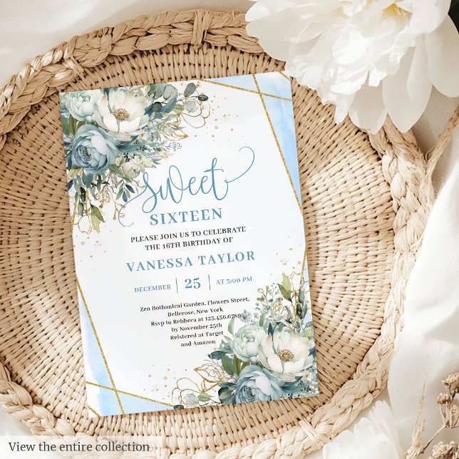 Invitación Moderno Dusty Blue Peonies Sweet 16 Invita (Modern Dusty Blue White Peonies Sweet 16 Invitation)