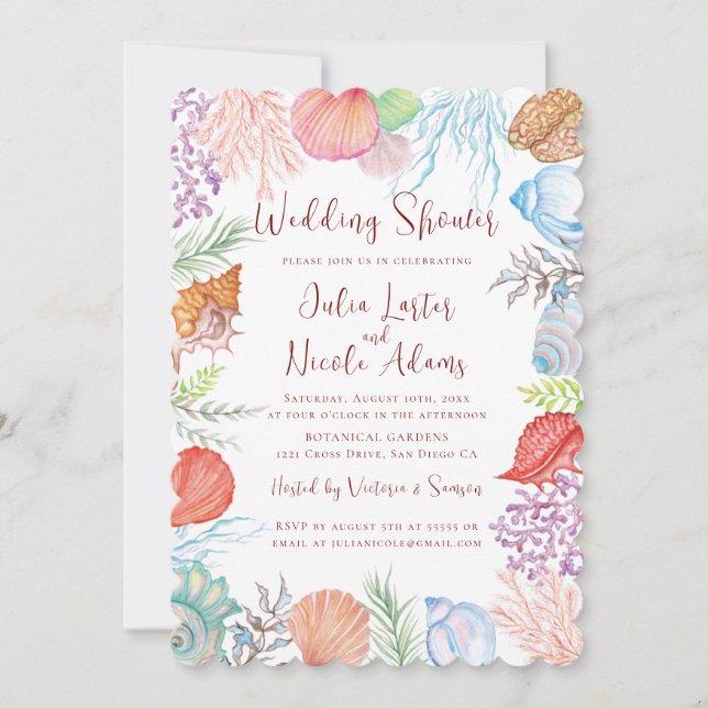 Invitación Moderno Dusty Blue Sea Shell Beach Wedding Shower (Anverso)