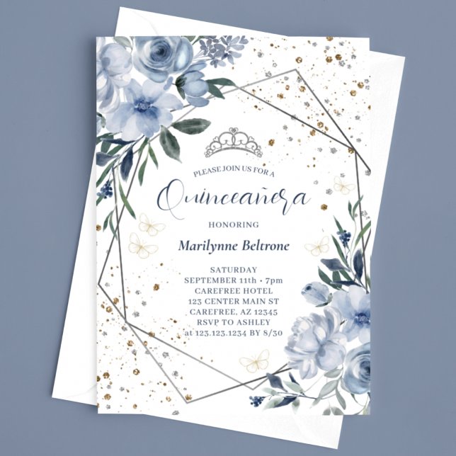 Invitación Moderno Dusty Blue Silver Quinceañera (Subido por el creador)