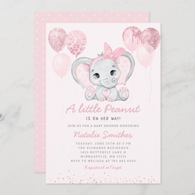 Invitación Moderno elefante lindo Chica globos Baby Shower In (Anverso / Reverso)