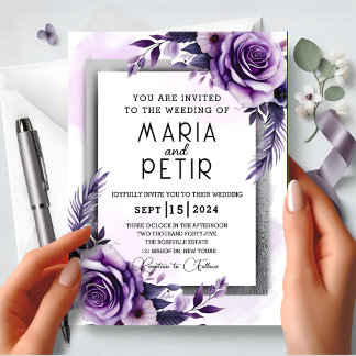 Invitación Moderno, elegante Boda floral morado y plateado