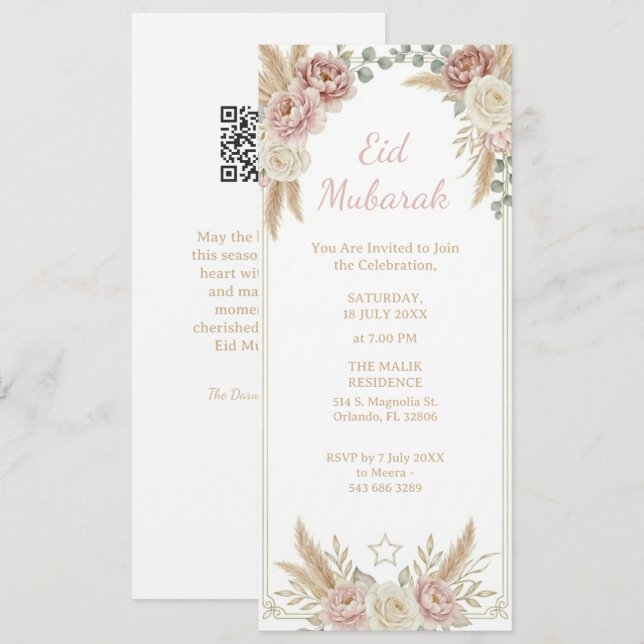 Invitación Moderno Elegante Boho Floral Eid Mubarak Digital (Anverso / Reverso)