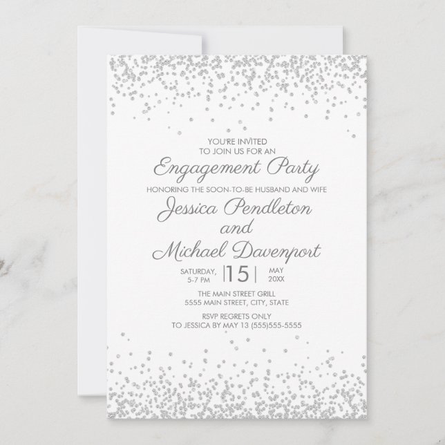 Invitación Moderno Elegante Compromiso Blanco con Brillo Plat (Anverso)