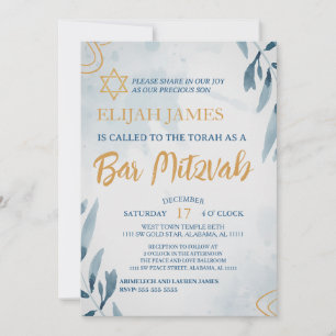 Invitación Moderno Elegante Estrella de David Azul Dorado Bar