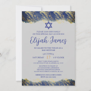 Invitación Moderno Elegante Estrella de David Azul Dorado Bar
