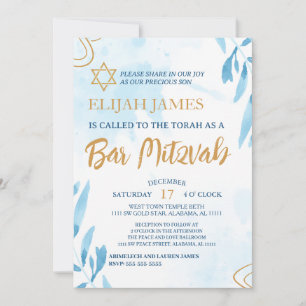 Invitación Moderno Elegante Estrella de David Azul Dorado Bar
