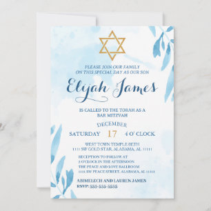 Invitación Moderno Elegante Estrella de David Azul Dorado Bar