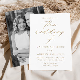 Invitación Moderno Elegante Foto de Boda con Letra Dorada