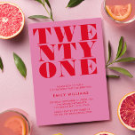 Invitación Moderno Elegante Rojo Rosa Negrita 21 cumpleaños<br><div class="desc">Invitación moderna de 21 años con elegante tipografía audaz y diseño minimalista.</div>