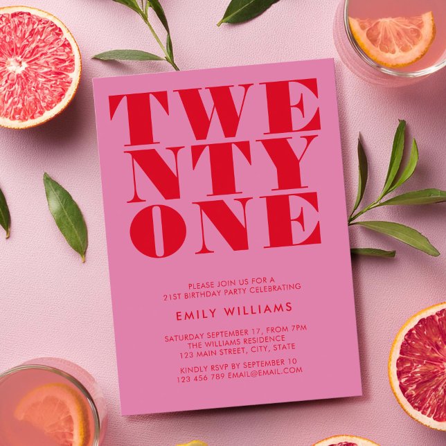 Invitación Moderno Elegante Rojo Rosa Negrita 21 cumpleaños (Subido por el creador)