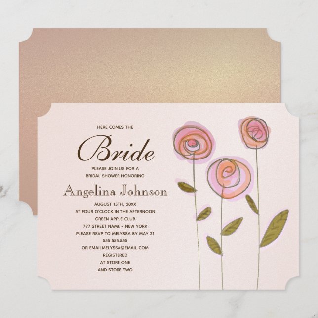 Invitación Moderno Elegante Rosa Dorado Floral Despedida de S (Anverso / Reverso)