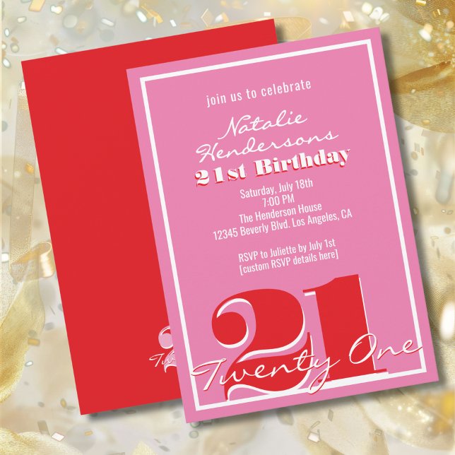 Invitación Moderno Elegante Rosa Rojo Retro Cumpleaños 21  (Subido por el creador)