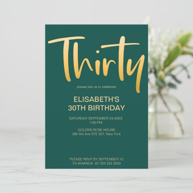 Invitación Moderno Elegante Sencillo Verde 30 Fiesta de cumpl (Anverso de pie)