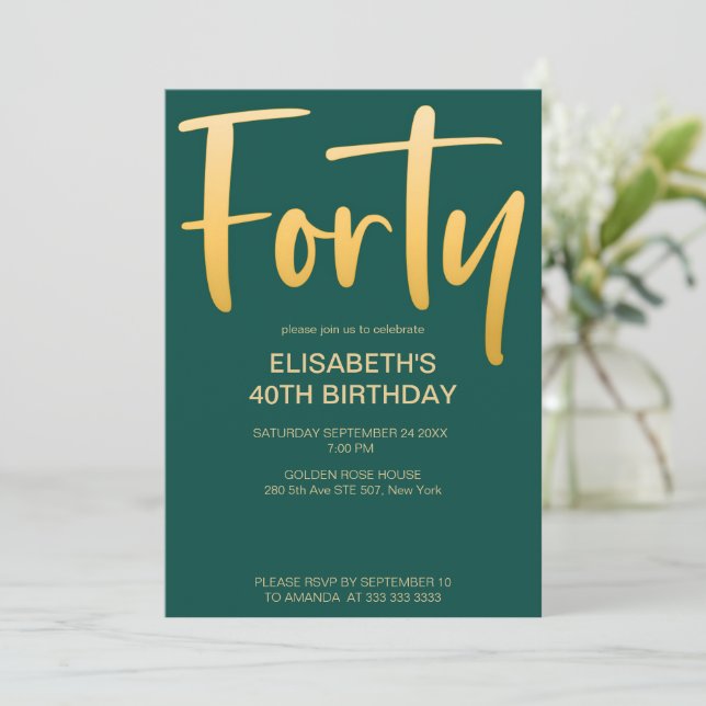 Invitación Moderno Elegante Sencillo Verde 40 Fiesta de cumpl (Anverso de pie)